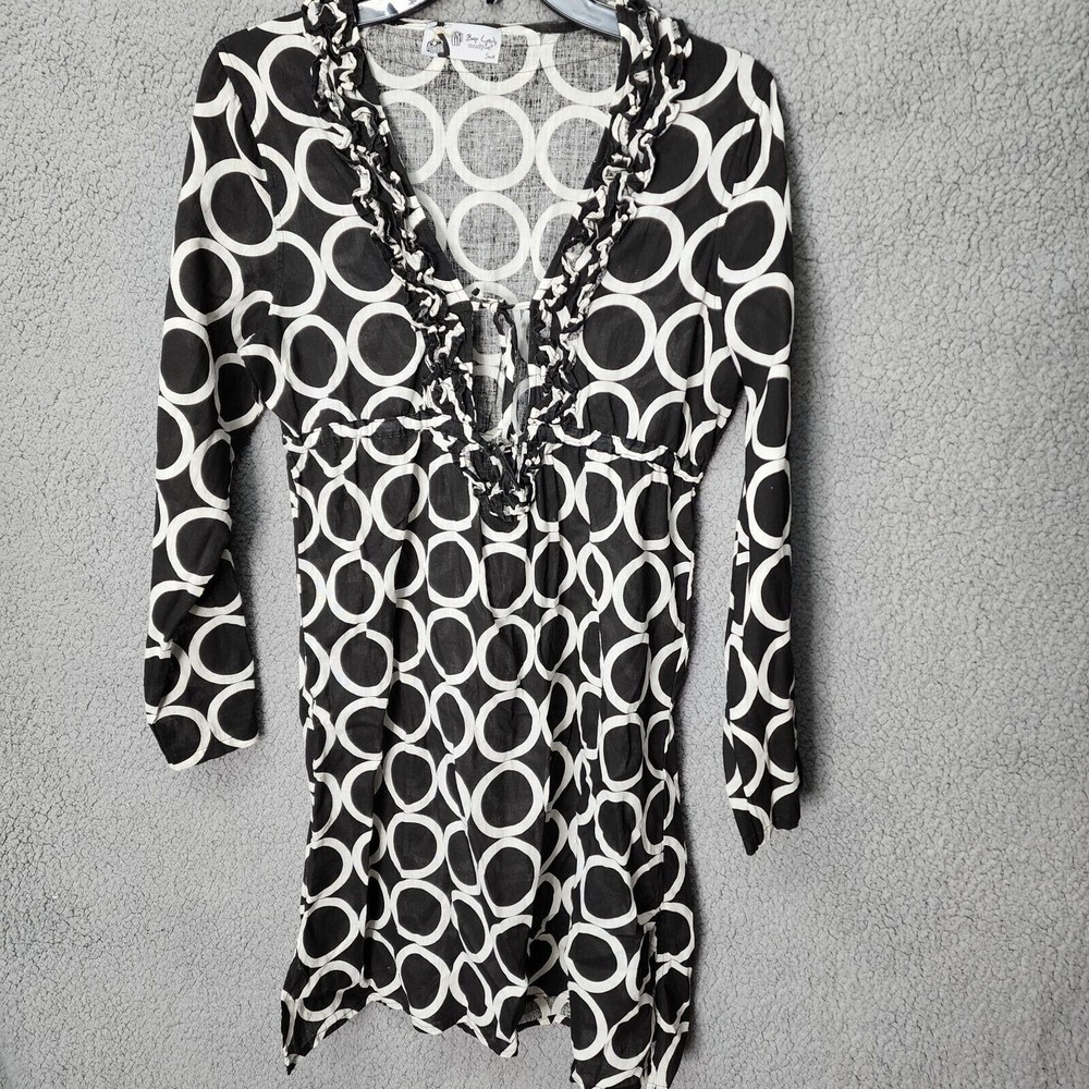 MUDPIE Women BAP LADY Small Black Linen Geometric Swimsuit Cover-Up Tunic Dress